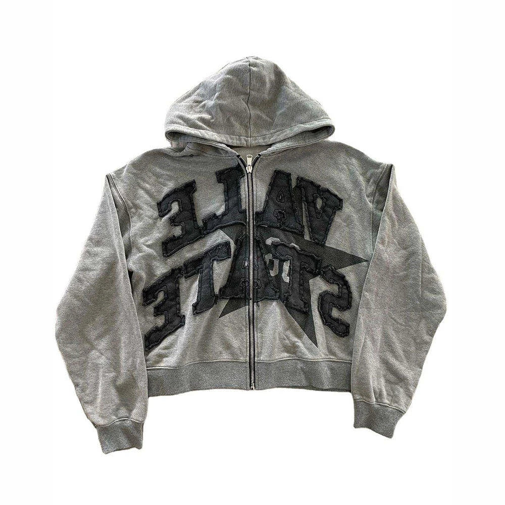 Manufacturer Custom Heavy Cotton Vintage Distressed Patch Applique Embroidery Zip up Hoodie
