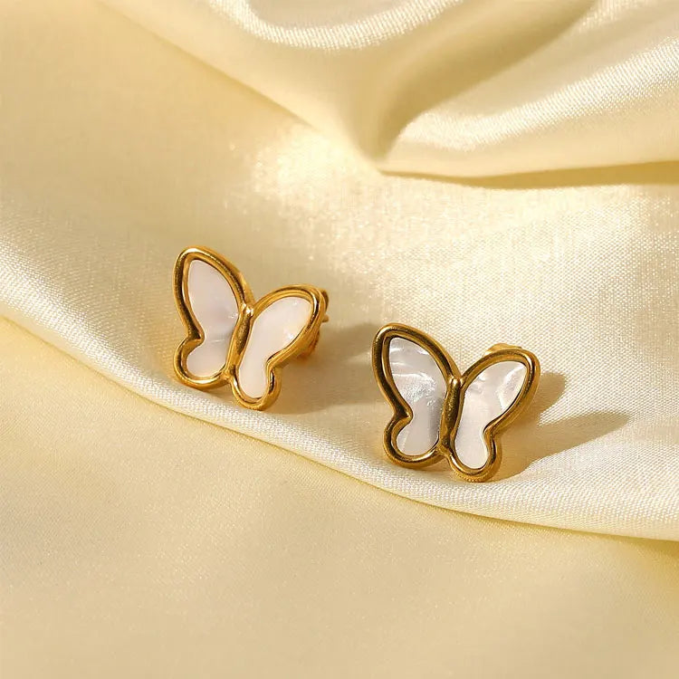 SC Waterproof 18K Gold Plated Stainless Steel Earrings Women French Elegant Natural White Shell Butterfly Stud Earrings