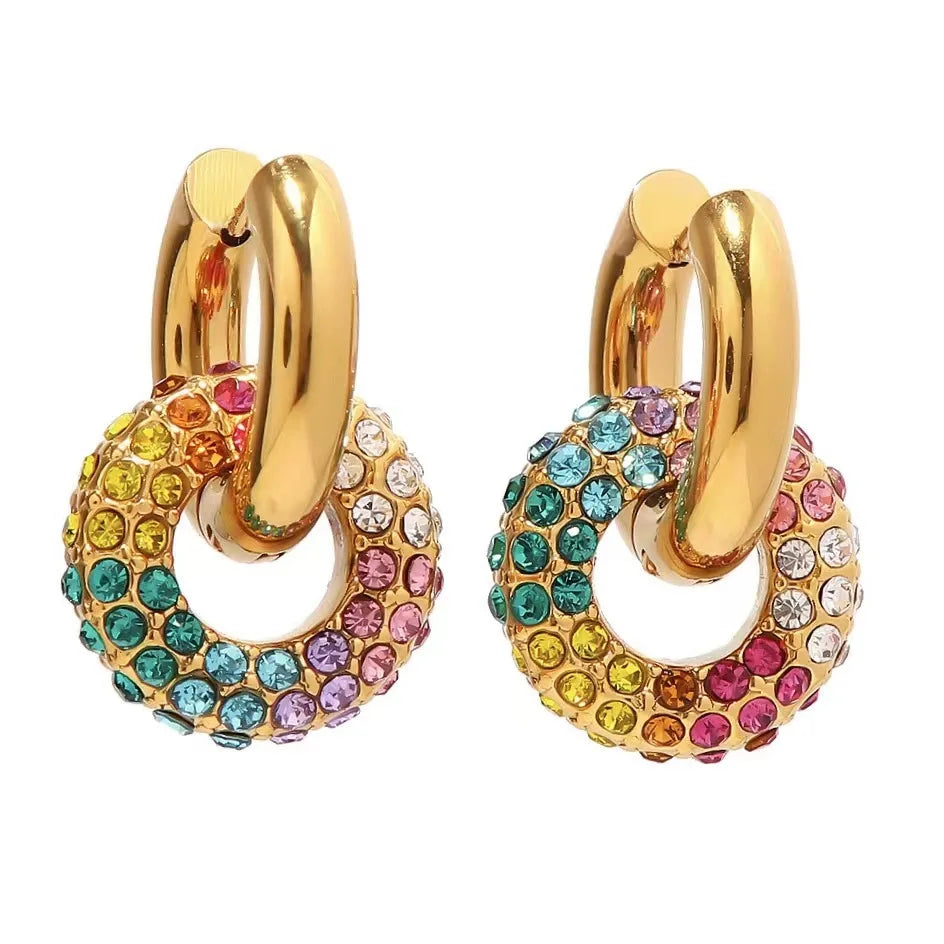 Wholesale Fashion Trendy Stainless Steel 18k Gold Plated Waterproof Colorful Zircon Bead Hoop Earrings Accessories Jewelry Women