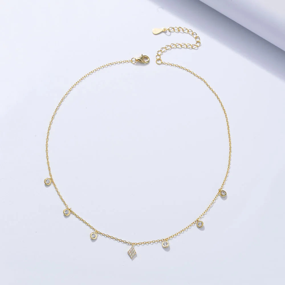 Wholesale Fashion Clavicle Chain Gold Jewelry Round Rhombus Bezel Setting Zircon 925 Sterling Silver Choker Necklace for Women
