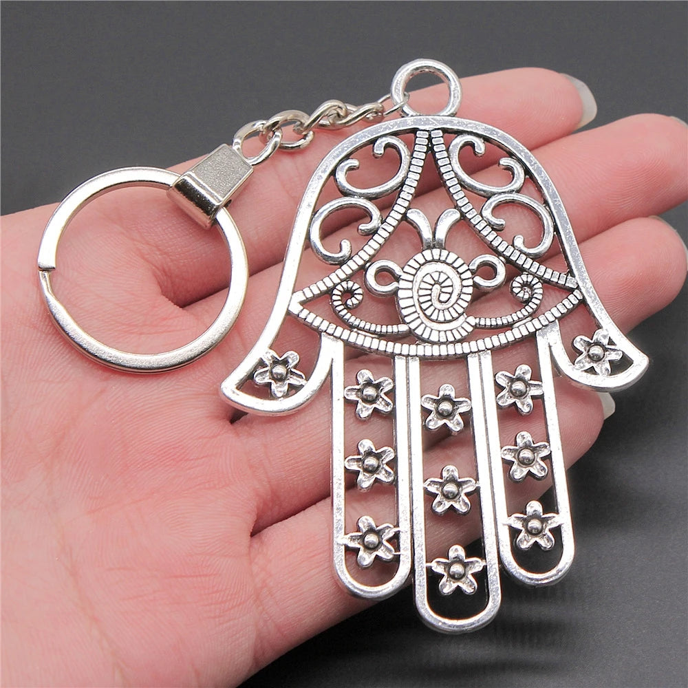85x62mm Antique Silver Plated Antique Bronze Plated Zinc Alloy Hamsa Hand Keychain for Souvenirs Gift P2-ABD-C12687