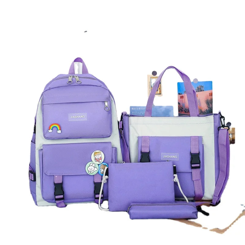 High Quality Girls Student's Four-piece Anti-Theft Geometric Pattern Dress Style Waterproof Backpack Travel School Bags