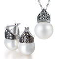 Lotus Fun Handmade 925 Sterling Silver Big Pearl Crown Necklace Earring Jewelry Set for Women Wedding Engagement Fine Jewelry