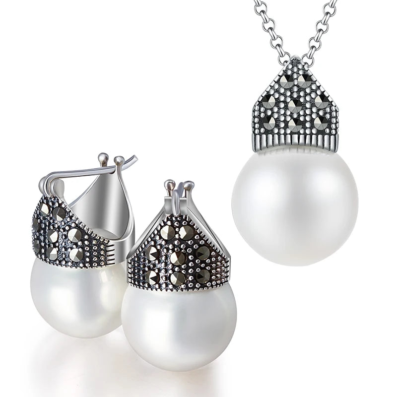 Lotus Fun Handmade 925 Sterling Silver Big Pearl Crown Necklace Earring Jewelry Set for Women Wedding Engagement Fine Jewelry