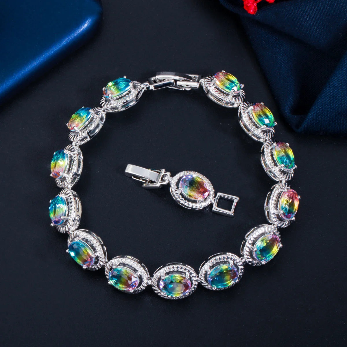 Bling Fire Blue Rainbow Oval Cubic Zirconia Stone Brass Engagement Charm Bangle Bracelet for Women Party Jewelry Designer