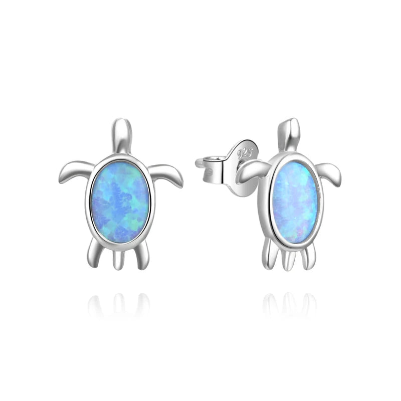 925 Sterling Silver Rhodium Plated Created Blue Opal Turtle Women Earrings Stud