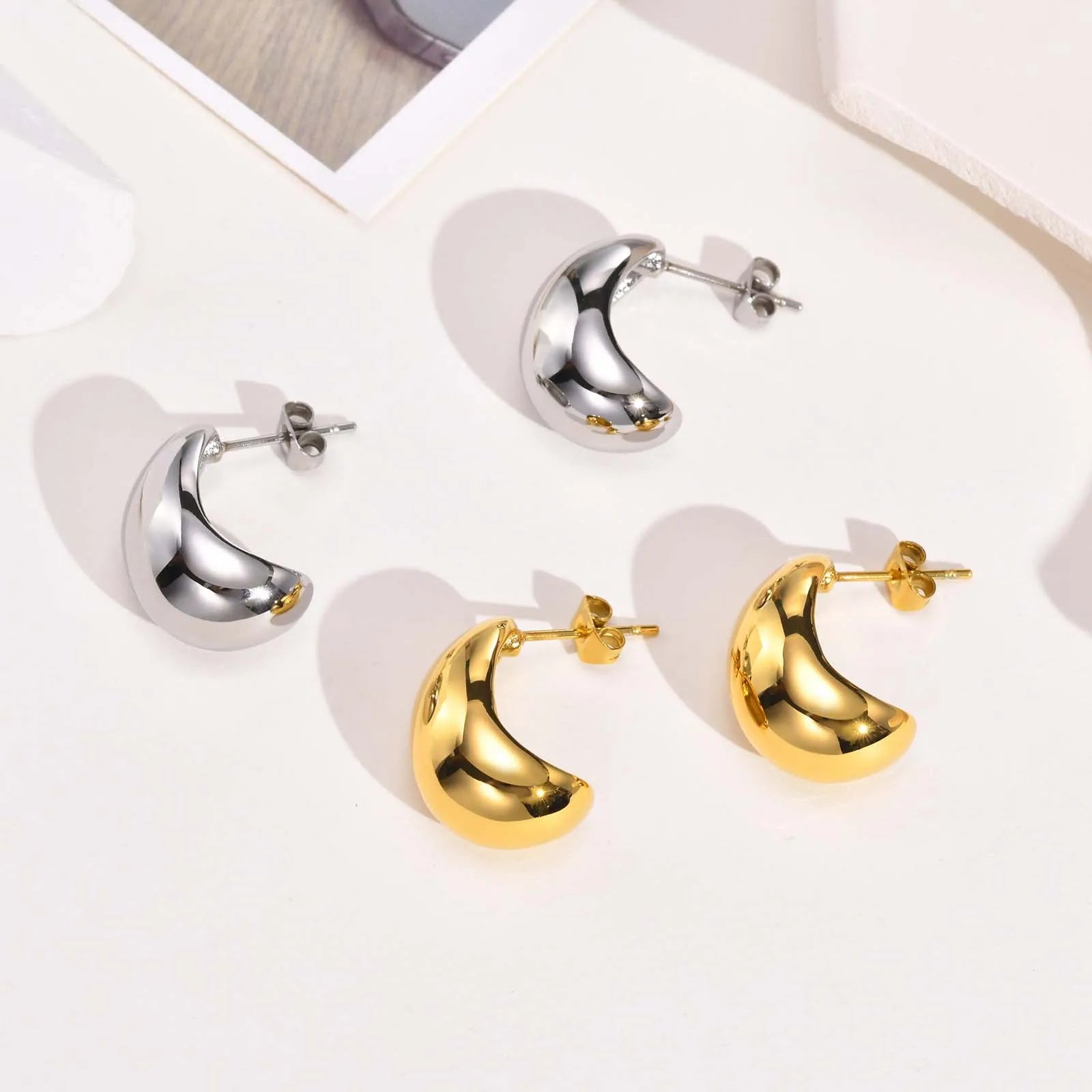 Trendy Best Friend Gift Dainty Elegant Cute Gold Chunky Puff Hoop Earrings Stainless Steel Minimalism Little Bean Zircon
