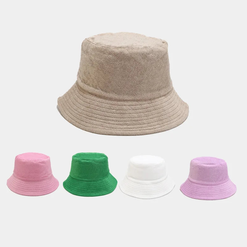 Wholesale Spring Summer Fall Soft Outdoor Sun Hat Casual Breathable Flat Top Fisherman Cap Custom logo Terry Towel Bucket Hat