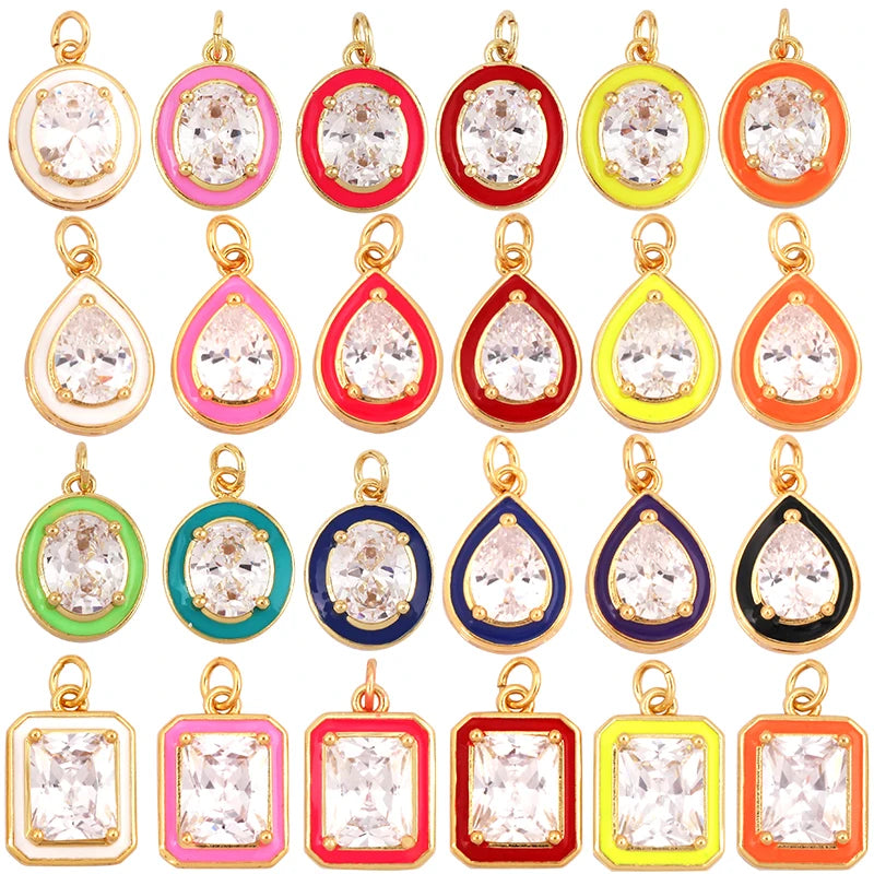 Trendy Gold Plated Colorful Enamel CharmTeardrop Oval Rectangle Charm Zircon Necklace Pendants Making Accessories Supplies M13