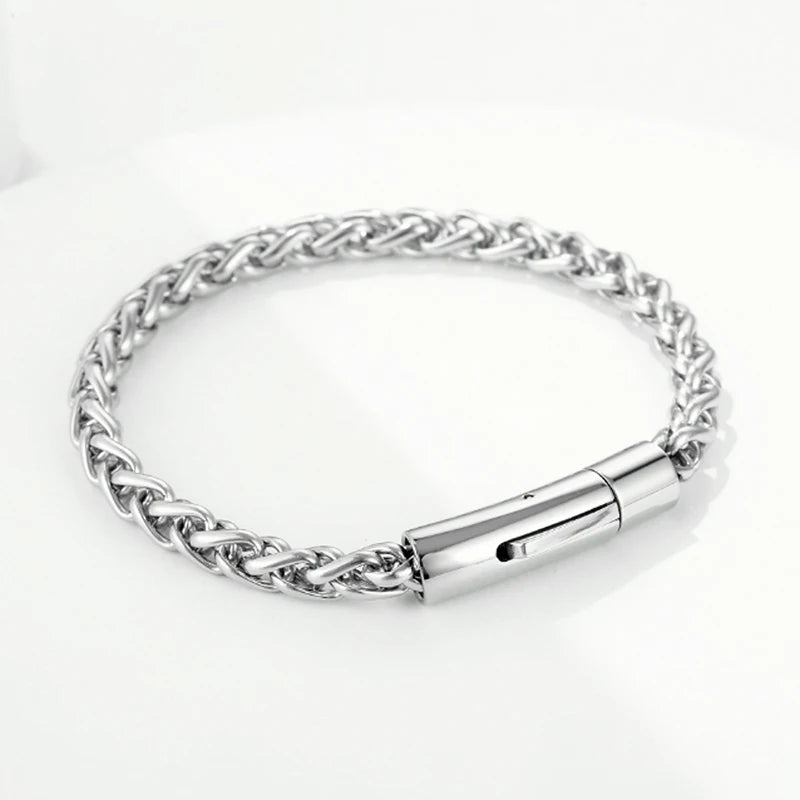 Fashion Waterproof Mens Stainless Steel 6mm Wheat Chain Bracelet With Lock Clasp