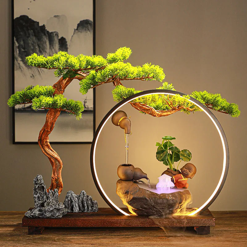 Hanging Pot Indoor Desktop Ornaments Waterfall Fountains Handmade Vivid Plant With LED Light Ring