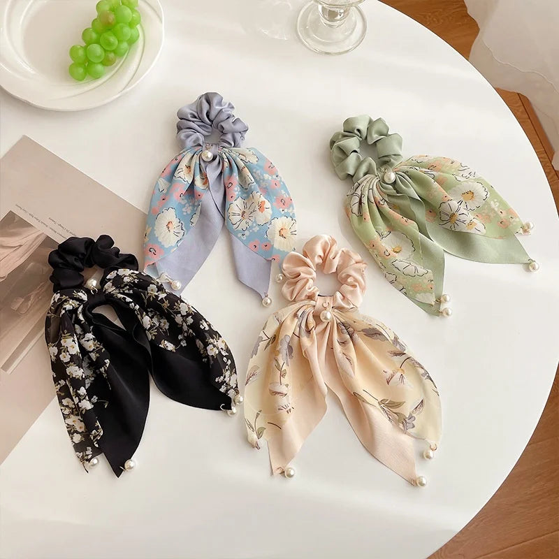 Temperament Pearl Pendant Ribbon Hair Circle Scrunchy for Women Girl