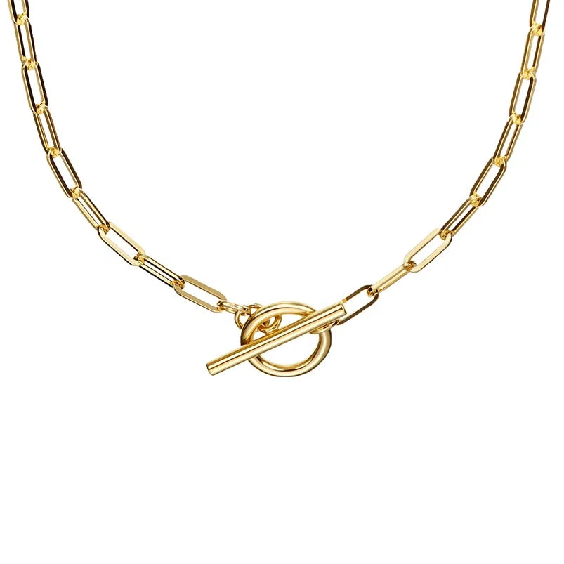Boho Jewelry 925 Sterling Silver Minimalist Paperclip Chain Plain Circle Bar Necklace Gold