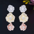 3 Tone African Gold Plated Cubic Zircon Cluster Flower Drop Dangle Long Women Party Wedding Earrings Engagement Jewelry