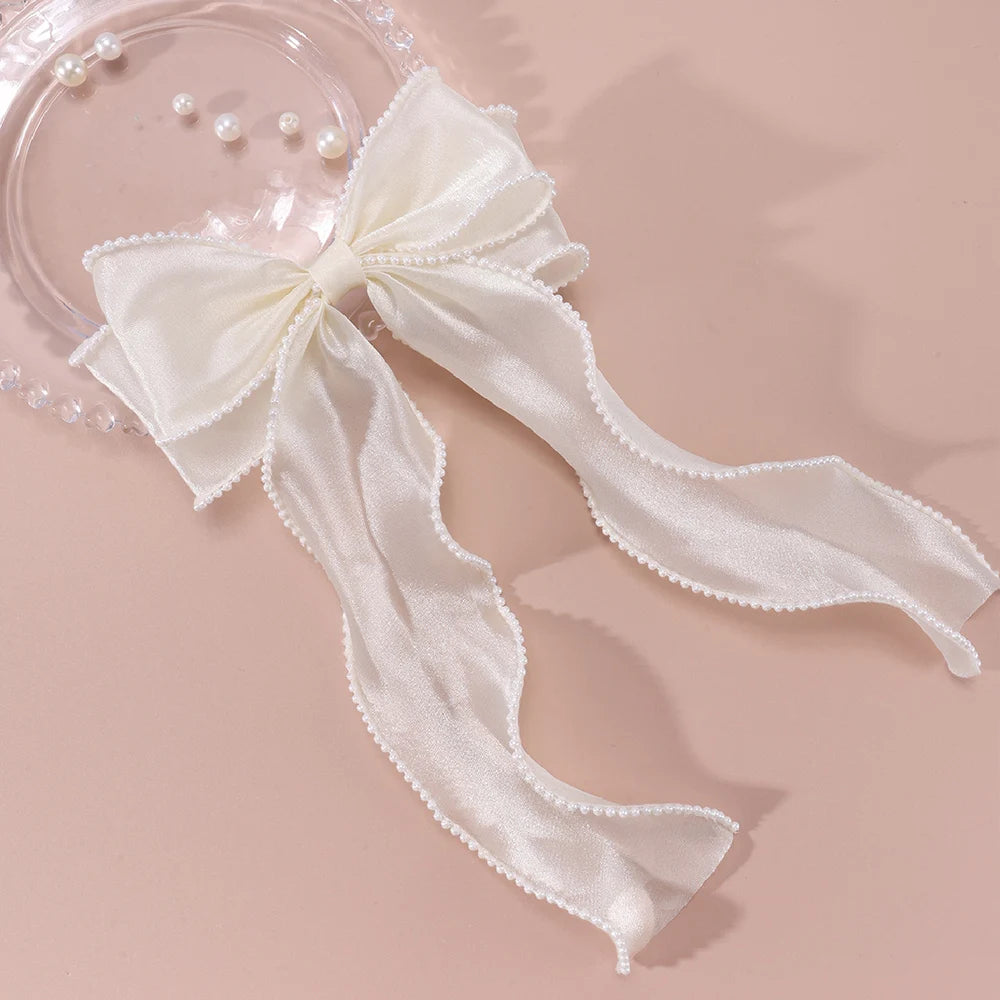 CN Korean Multi-layer Princess Hair Bow Solid Color Organza Women Lady Hair Clip Pearl Long Tails Hair Accessories