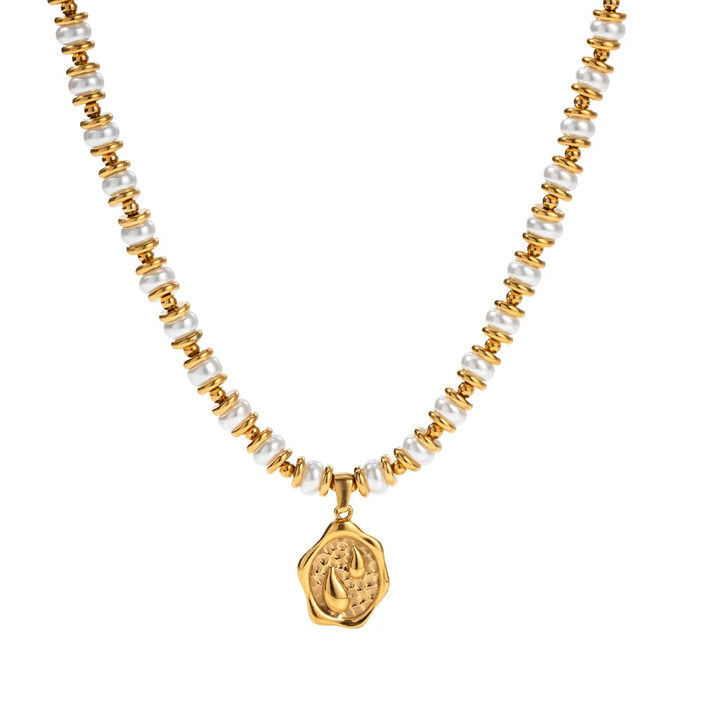 Tear Drop Glass Pearl Pendant Necklace 18K PVD Gold Plated Stainless Steel Mermaid Tear Bead Necklace MegaBDM