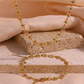 Women's Retro Style Stainless Steel Link Chain Bracelet and Necklace Set Blue Oil Drop Flower Handmade Fashion Accessories