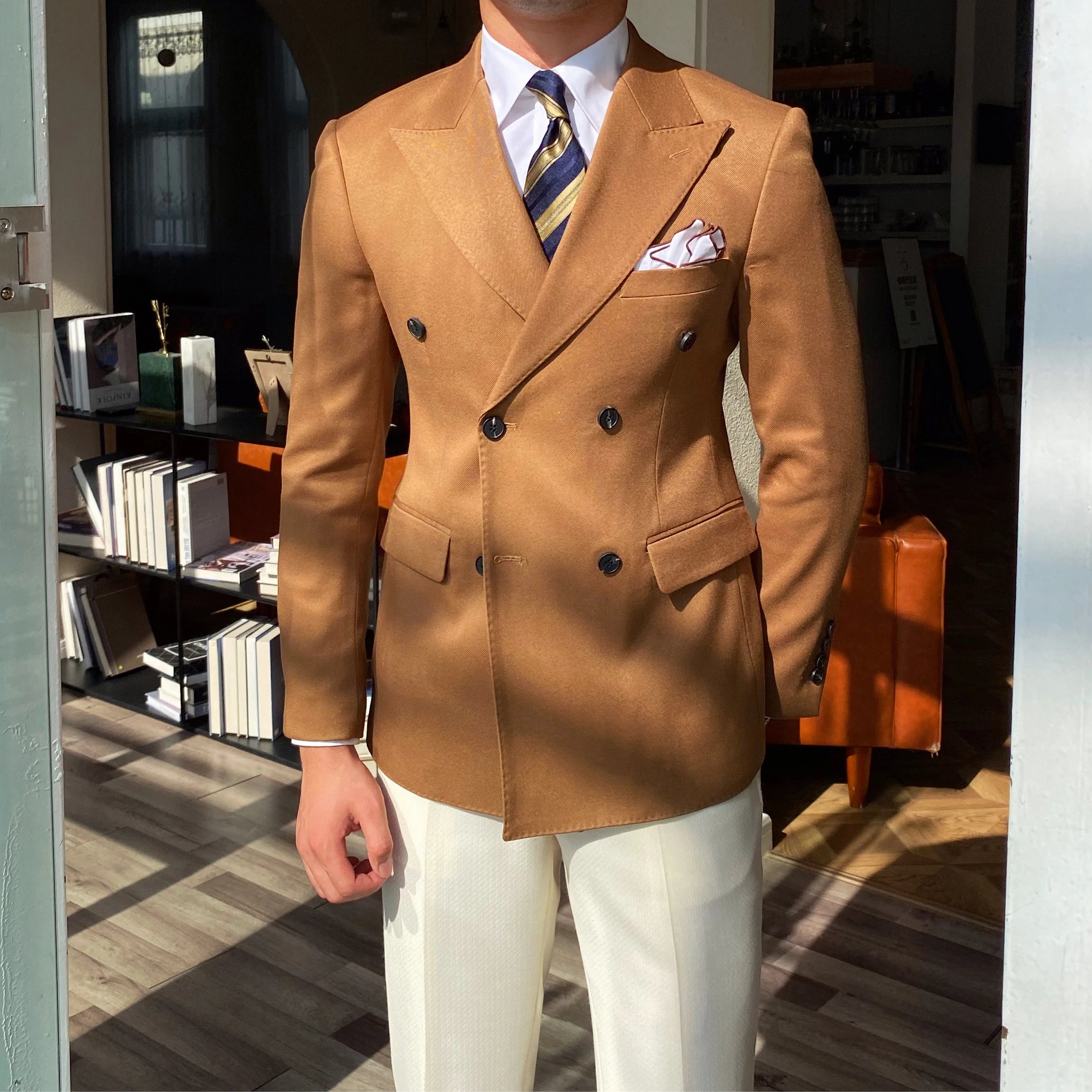 Men's Daily Commuter Double-Breasted Slim-Fit Suit Jacket Solid Color V-Neck Plus Size Caramel  Adults