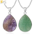 CSJA Wholesale Natural Stones Green Aventurine Pendant Carving Life Tree Water Drop Pendant Necklace Energy Jewelry G414
