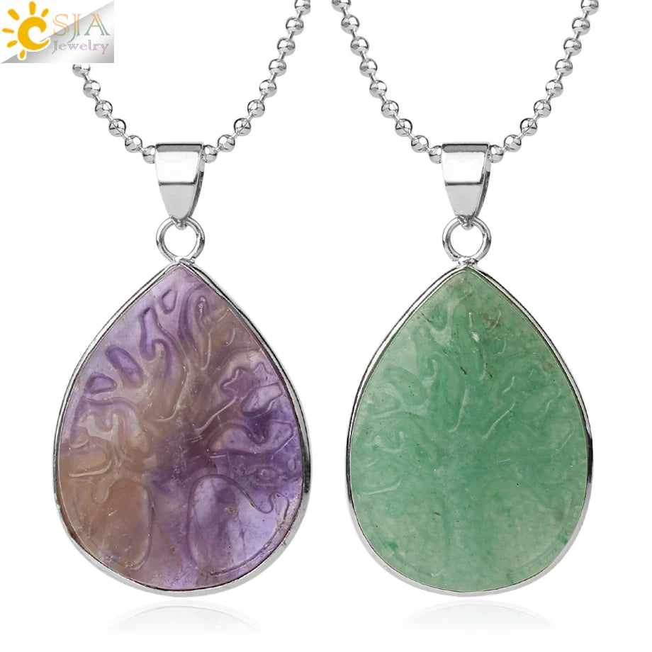 CSJA Wholesale Natural Stones Green Aventurine Pendant Carving Life Tree Water Drop Pendant Necklace Energy Jewelry G414