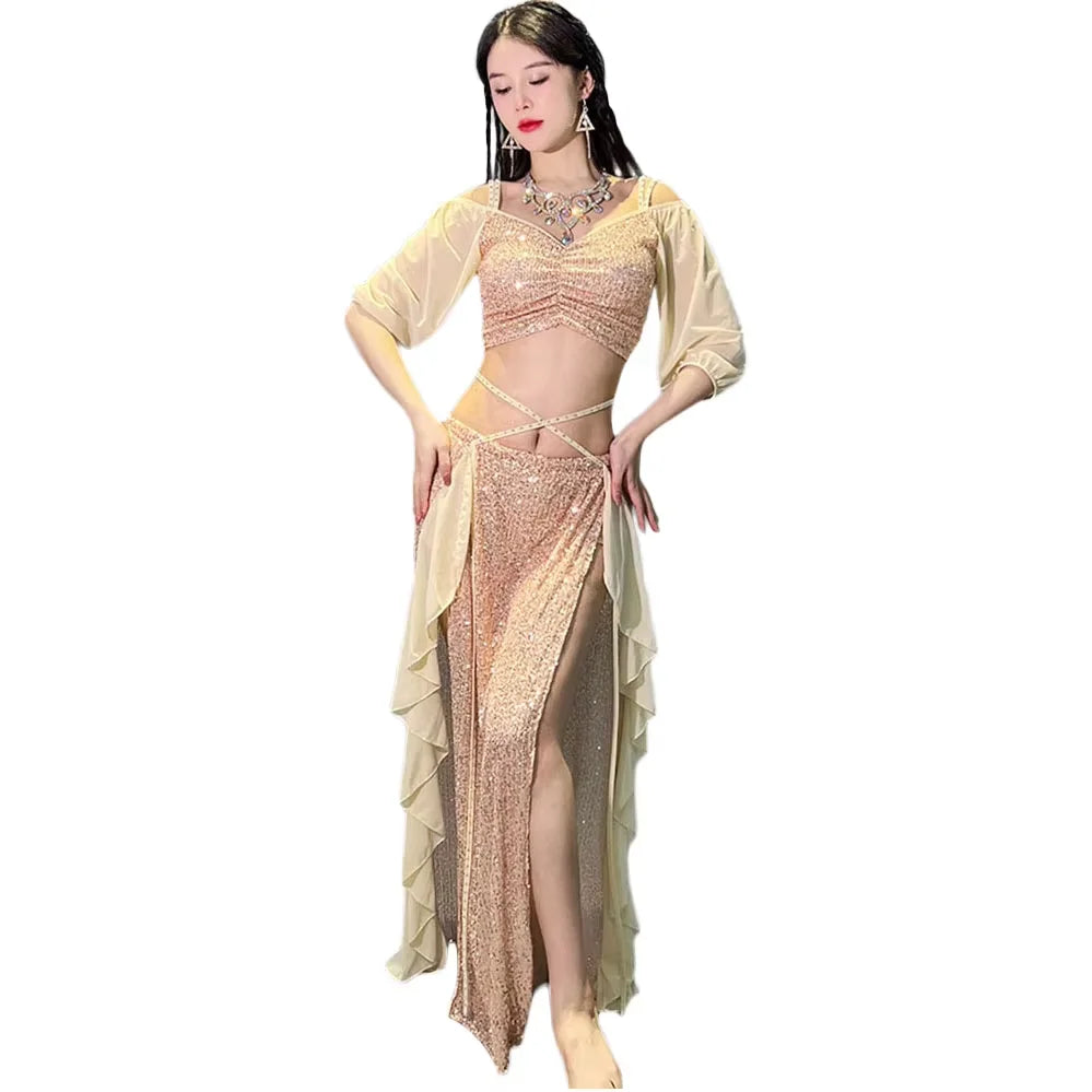 New Deep Shoulder Strap Sequin Mermaid Belly Dance Original Practice Performance Costumes Set