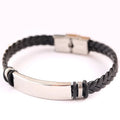 Wholesale Black Woven Leather Bracelet Add Custom Logo Stainless Steel Bracelet for Men Jewelry
