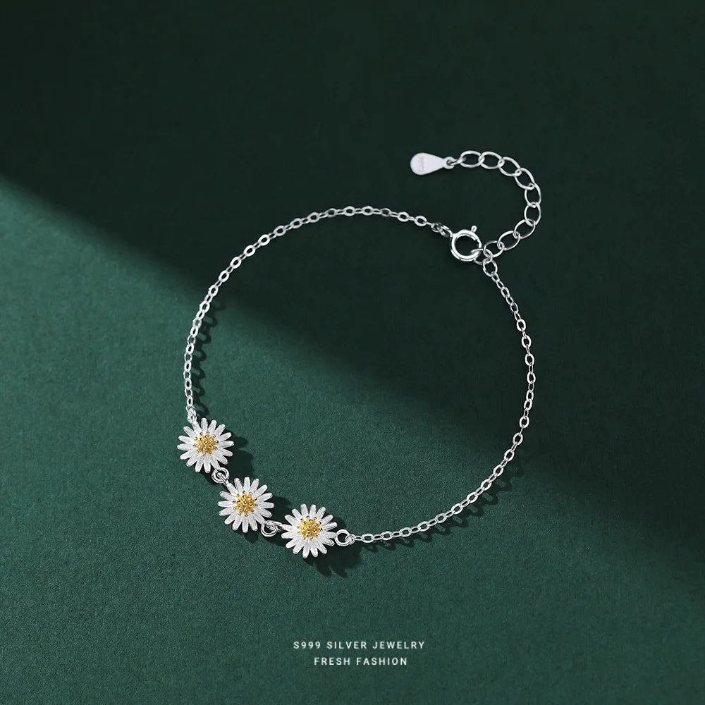 925 Sterling Silver Lovely Daisy Flower Charm Bracelet for Women Girls Cute Fine Jewelry Gift