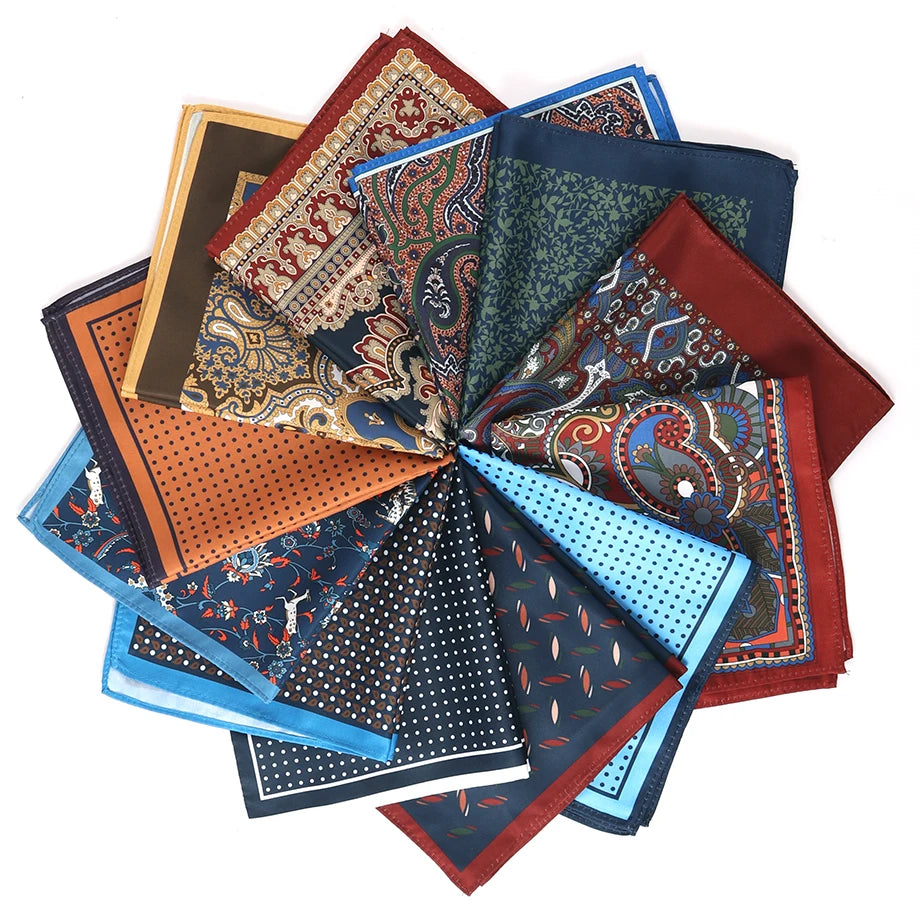 Men's Classic Red Khaki Print Dot Silk Handkerchiefs Floral Pattern Square Pockets Wedding Hankies Business Casual Gift for Him