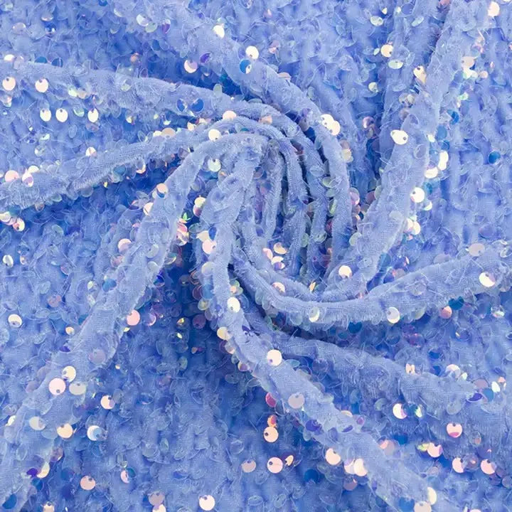 High Density Glitter Light Blue Sequin Stretch Sequin Velvet Fabric for Wedding Party Decor Glitter Beaded Sequin Dress Fabric