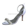 White Satin Wedding Heel Sandals with Pearl