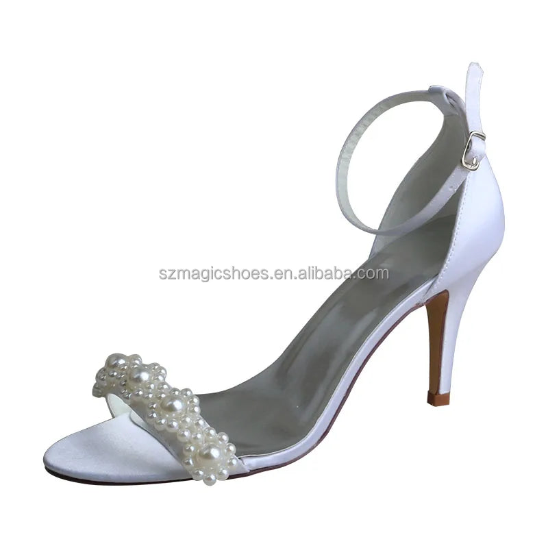 White Satin Wedding Heel Sandals with Pearl