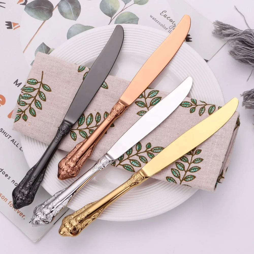 Gorgeous 8.2 Inch Stainless Steel Golden Dessert Knife Hollow Handle Appetizer Knives Vintage Rose Gold Fruit and Salad Knife