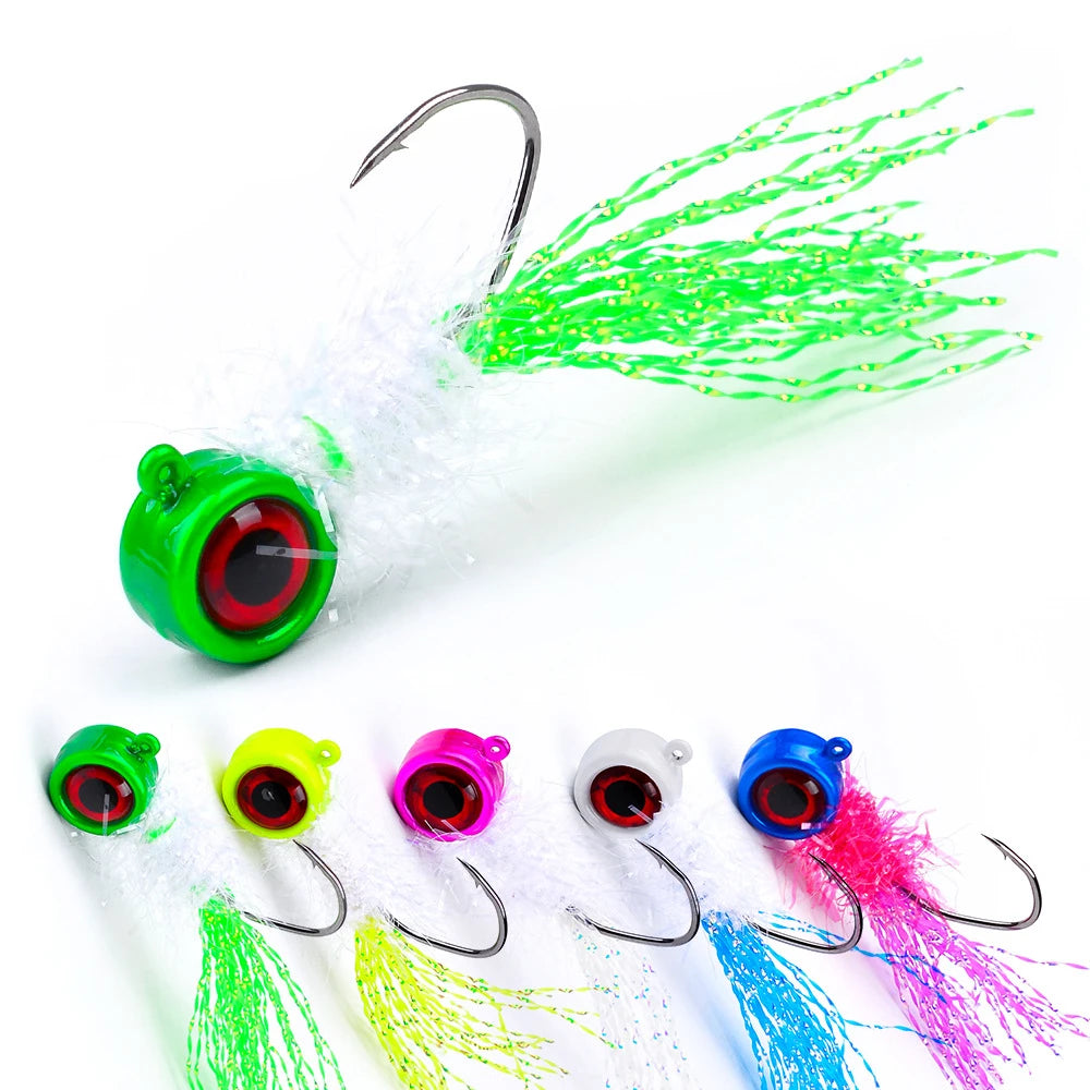 2024 New 5PCS/BAG Big Eyes Colorful Feather Saltwater Round Heand Jig Hooks with 1g 2g 4g