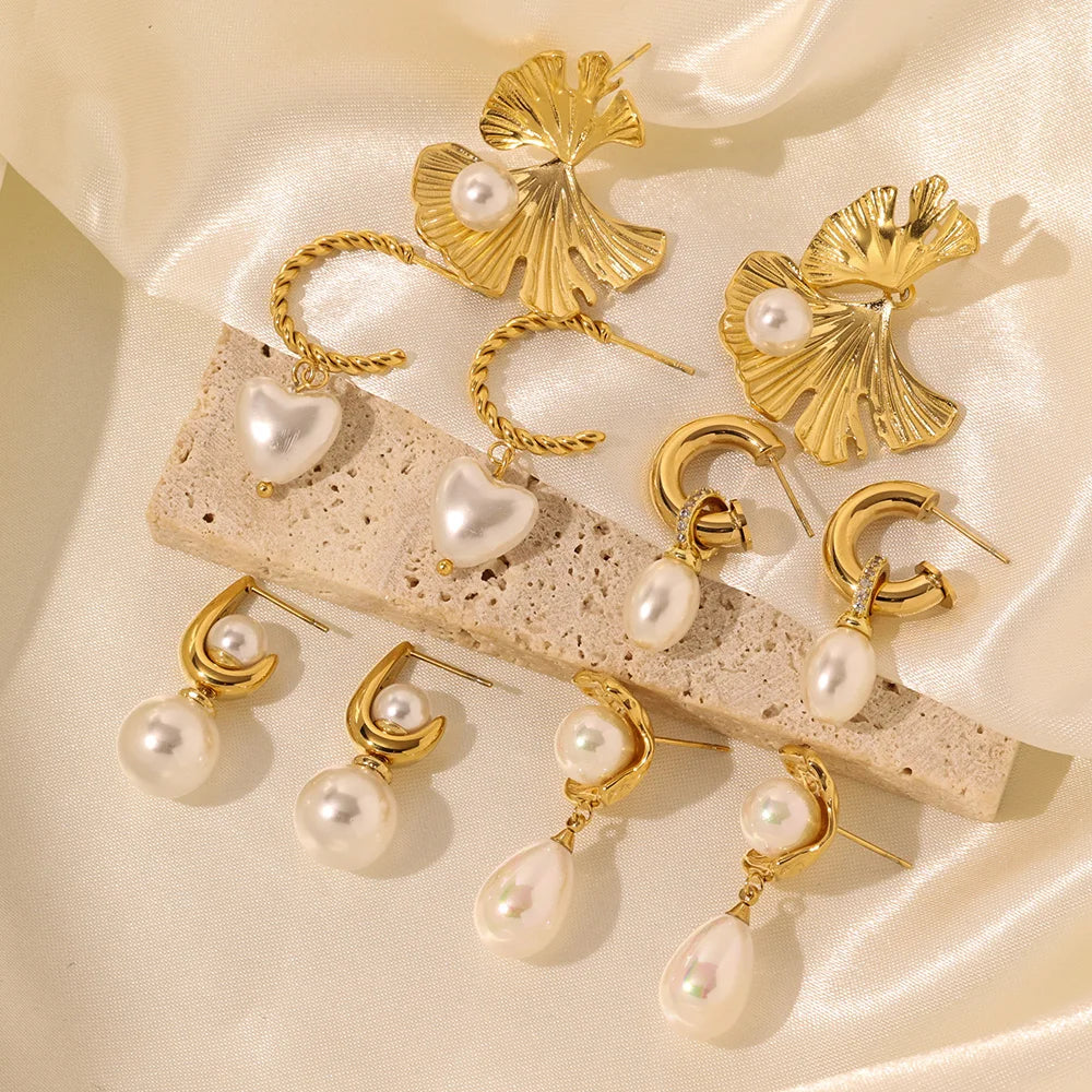 Waterproof Jewelry Pearl Drop Earrings Gold Plated Stainless Steel Natural Pearls Pendant Earrings for Girls Women Pendientes