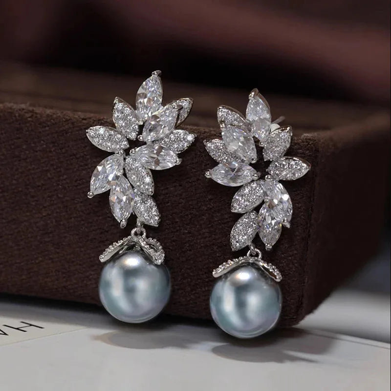 Luxury Floral Wheat Drop Earrings Marquise CZ Crystal Gray Imitation Pearl Dangle Earrings Fit Women Wedding Party Jewelry