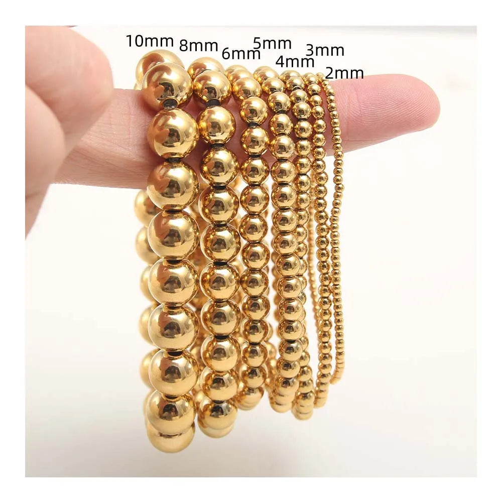 2mm to 10mm Round Ball Hypoallergenic Stackable Stretch Bracelet Elastic Beaded Strings Stainless Steel Bead Bracelets