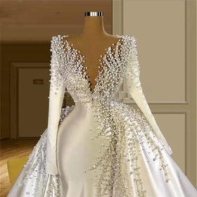 S0012G 2026 Luxury Dubai Bridal Gown Customized Pearls Sleeves Removable V Neck Robe Lace Decoration Wedding Dress