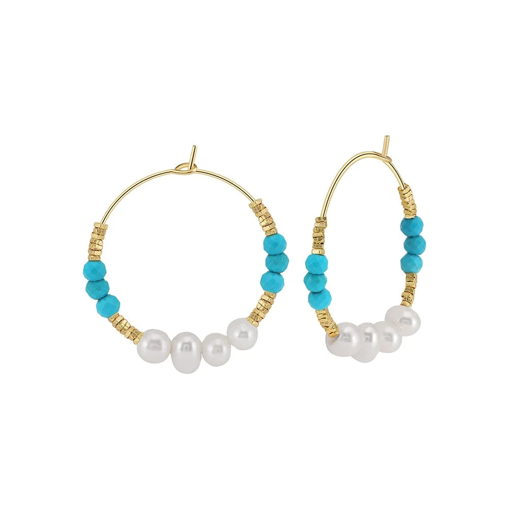 RINNTIN MPE07 Original Vintage Design Freshwater Pearl Turquoise S925 Sterling Silver Hoop Earrings