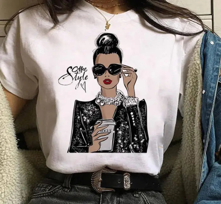 Hot Sale Fashion Printed White Round Neck T-shirt Women's Casual Pattern T-shirt Woman Short T-shirt