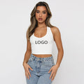 Summer Ins Solid Color Slim Short V-Neck Backless Vest  White Vest for Women