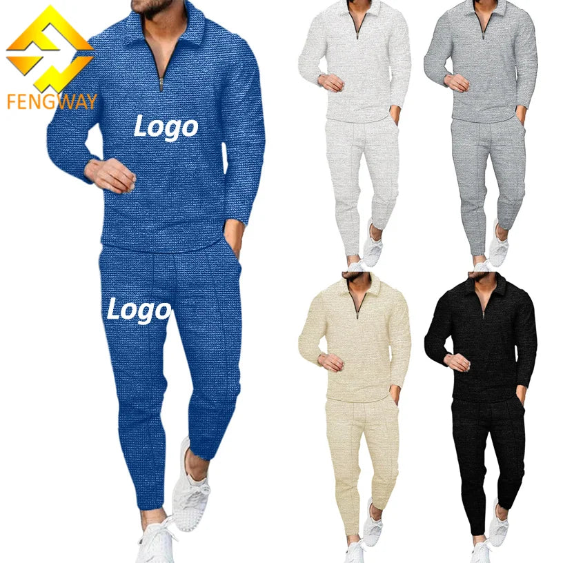 Fengway Custom Men Half Zip Pullover 2-Piece Set Spring Breathable Quick Dry Fashion Casual Suit Waffle Knitted Polyester Pants