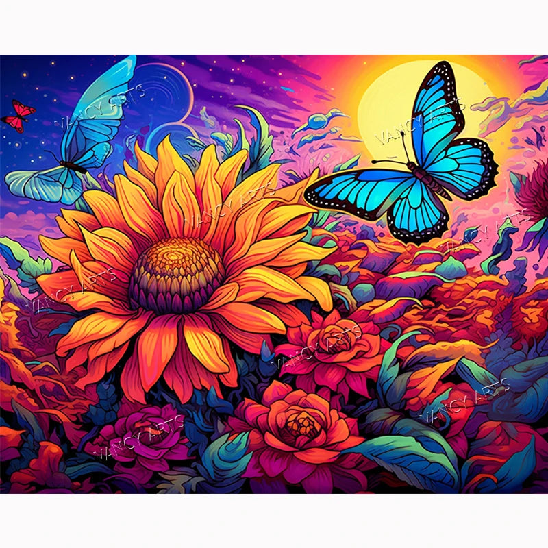 VANCY ARTS Wholesale Premium DIY 5D Vivid Sunflower & Butterfly Scene Under Starry Sunset Full Drill Diamond Painting Kit