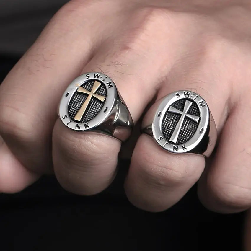 Men's New Retro Punk Stainless Steel Ring Polished Catholic Cross Fashion with Rose Gold Plating