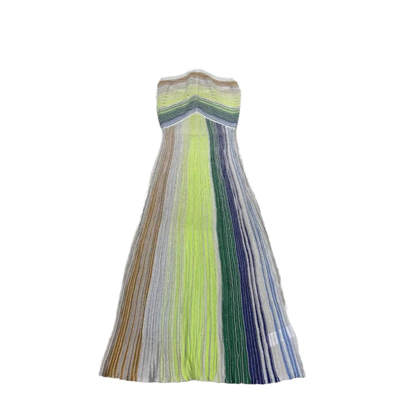 2025 Women's Vintage A-Line Long Dress Lady's Summer New Design V-Neck Colorful Striped Knits Slips Natural Maxi Plain Dyed