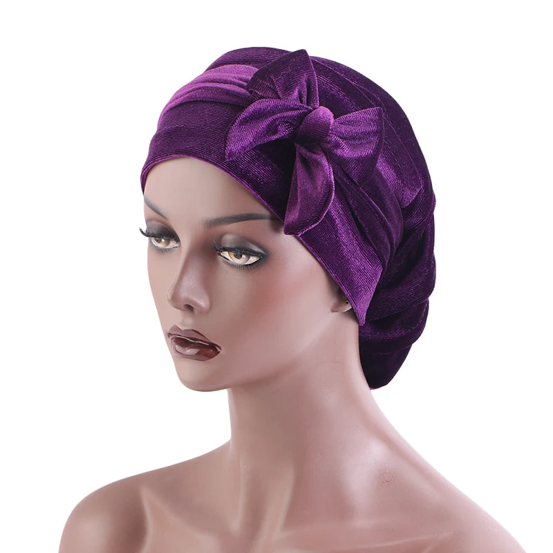 Wholesale Hair Accessories Custom Logo Solid Color Velvet Beauty Head Wear Turban With Beaded Bow Knot Turban Hat for Women