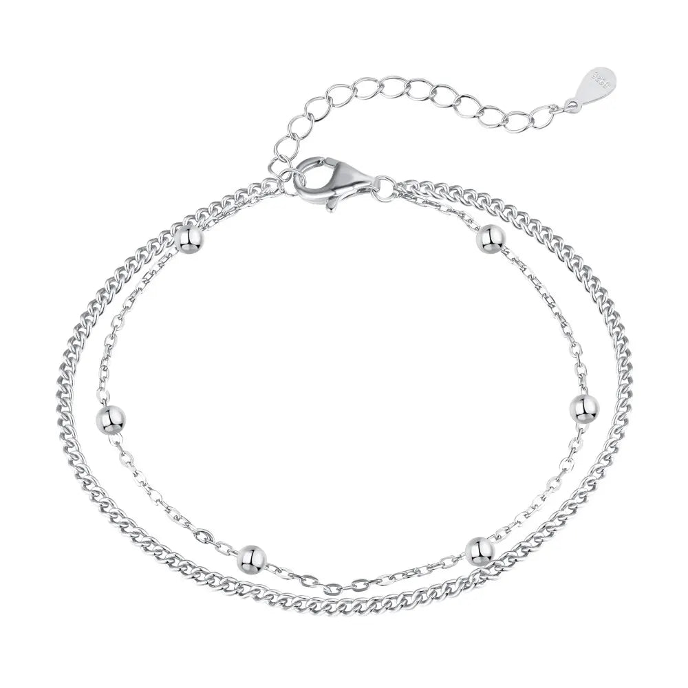 Dylam Dainty Minimalist Fine Adjustable Findings Pulsera 925 Plata for Girls Jewelry Silver Double Chain Bead Bracelet