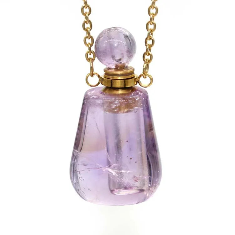 HZ Essential Oil Bottles Amethyst Necklace Gold Chain Bottle Perfume Pendant Charm Aromatherapy Crystal Stone Necklace Jewelry
