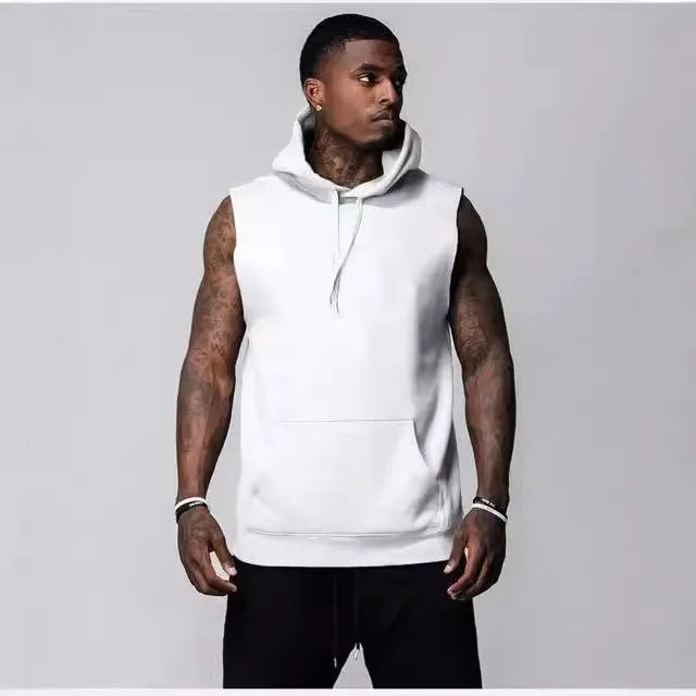 Men's Solid Color Hooded Vest Pullover Summer Workout Hoodie with Loose Sleeveless