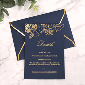 Creative Floral Design Blue Paper Invitations With Gold Foil Envelopes DIY Craft Elegant Style Wedding Invitation Cards Set