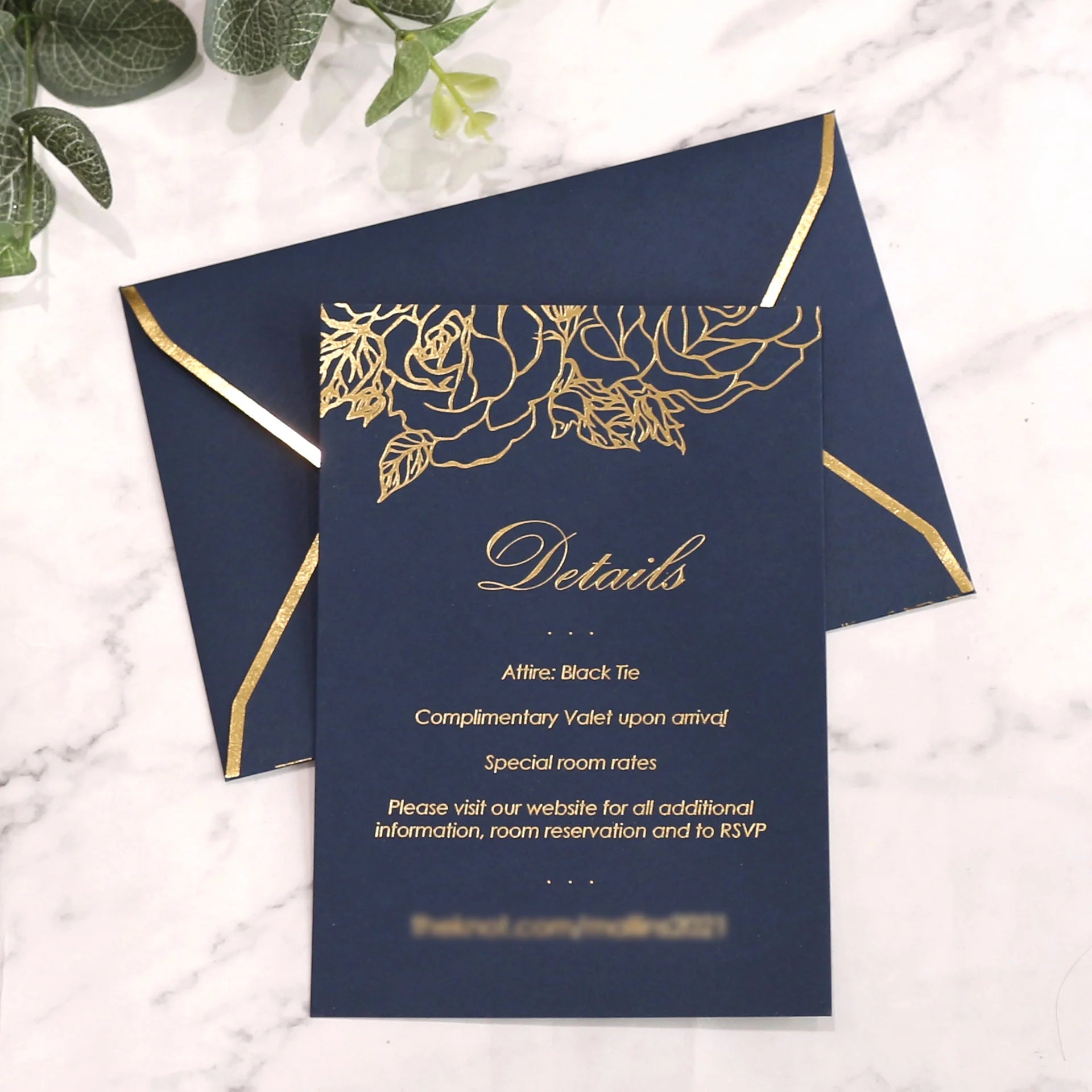 Creative Floral Design Blue Paper Invitations With Gold Foil Envelopes DIY Craft Elegant Style Wedding Invitation Cards Set